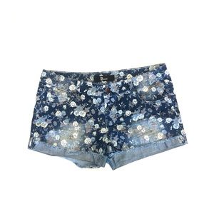 Floral Denim Shorts with Cuffed Trim